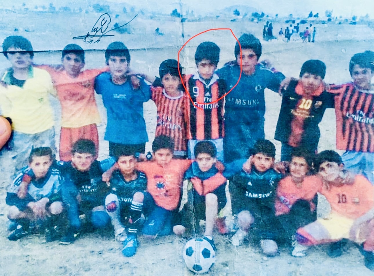Mustafa aged 10 with his football team in Kandahar Daman, Afghanistan โ he is circled in red